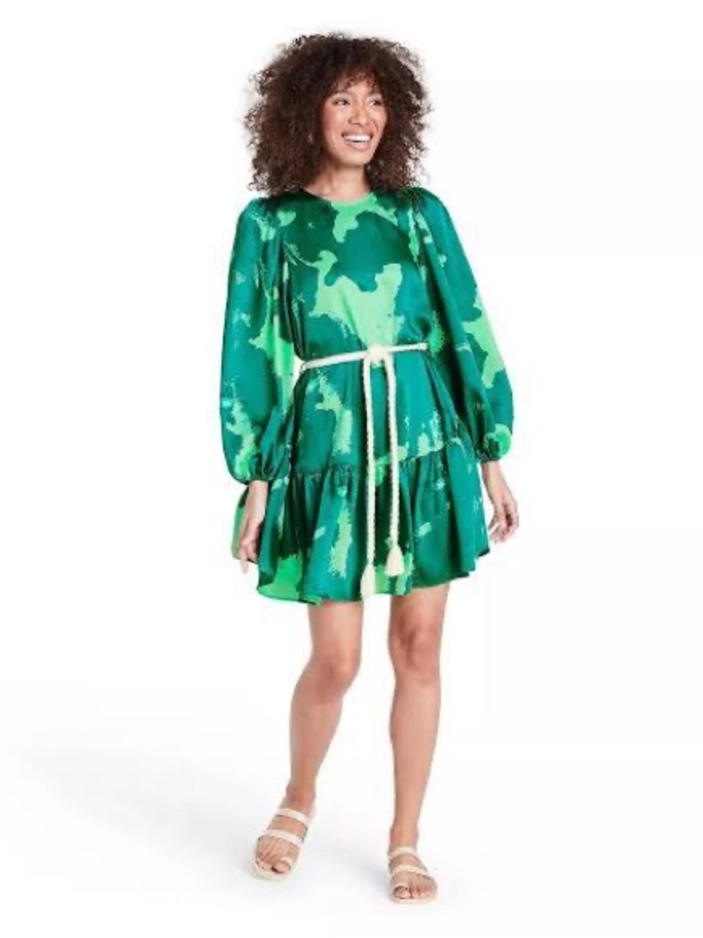 Alexis for Target Green Abstract Print Satin Mini Dress Puff Sleeve Rope Belt XS